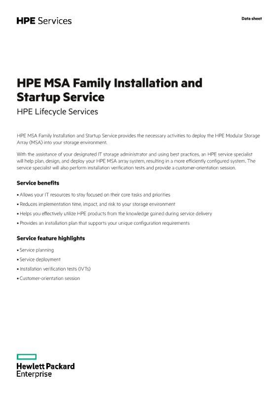 HPE MSA Family Installation and Startup Service data sheet thumbnail