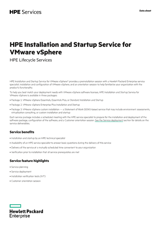 HPE Installation and Startup Service for VMware vSphere data sheet thumbnail