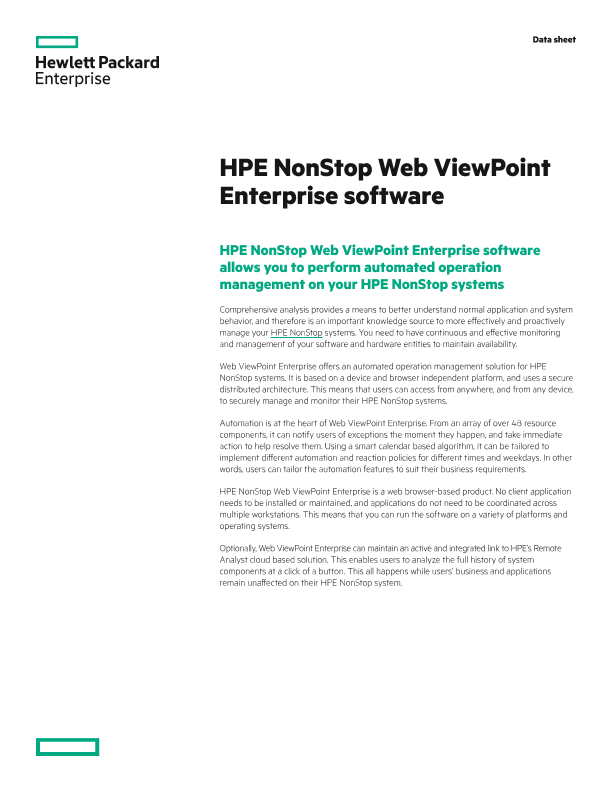 HPE NonStop Web ViewPoint Enterprise software data sheet thumbnail