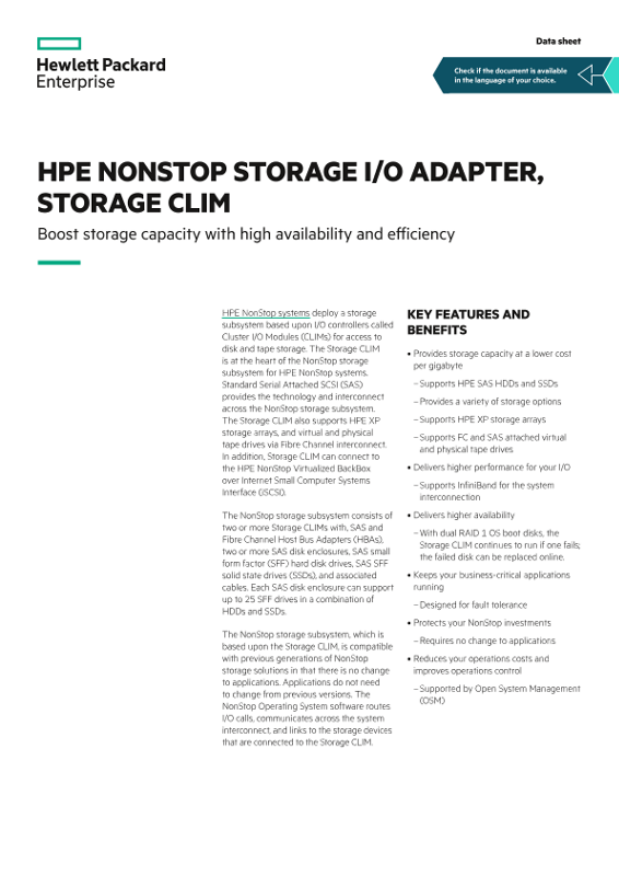 HPE NonStop storage I/O adapter, Storage CLIM – Boost storage capacity with high availability and efficiency data sheet thumbnail