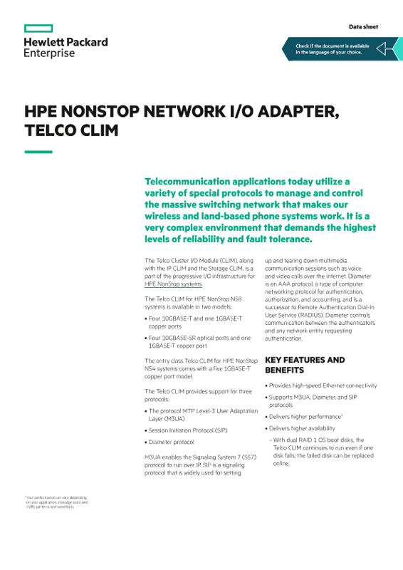 HPE NonStop network I/O adapter, Telco CLIM data sheet thumbnail