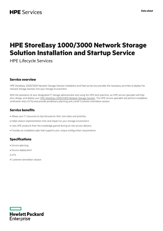 HPE StoreEasy 1000/3000 Network Storage Solution Installation and Startup Service data sheet thumbnail