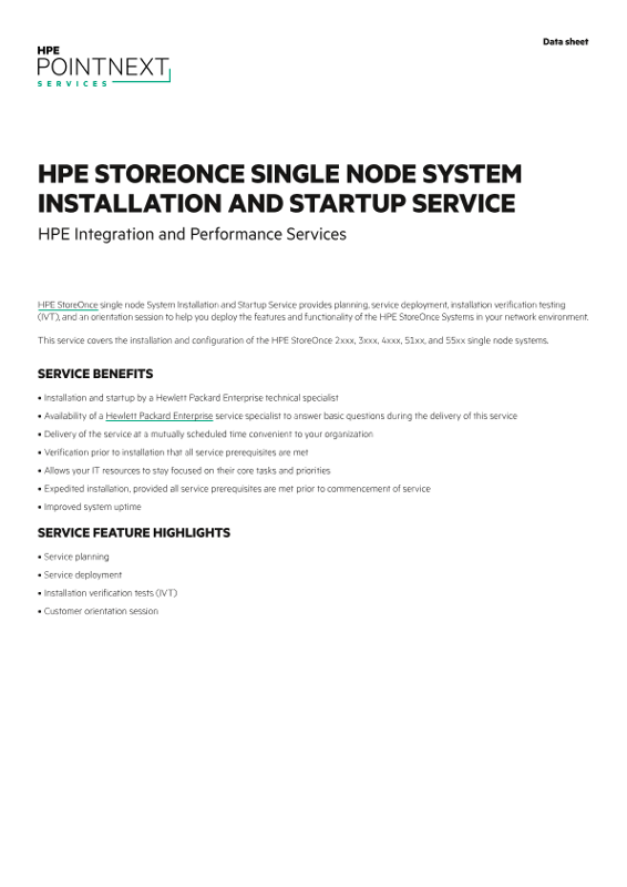 HPE StoreOnce single node System Installation and Startup Service data sheet thumbnail