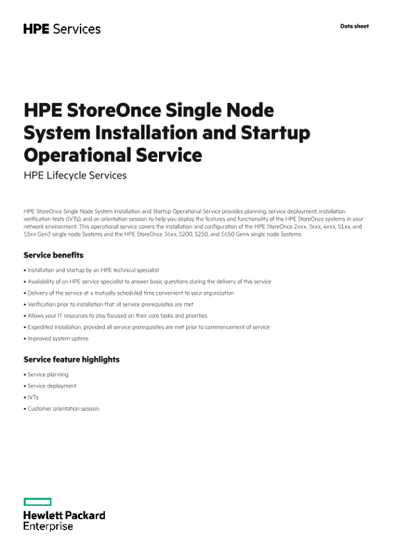 HPE StoreOnce single node System Installation and Startup Service thumbnail