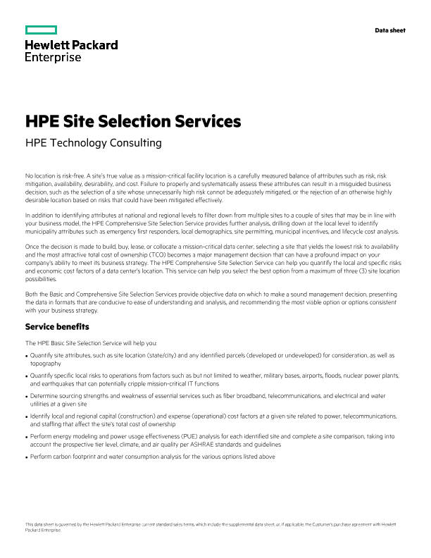 HPE Site Selection Services data sheet - US English thumbnail