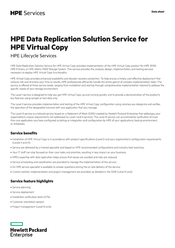 HPE Data Replication Solution Service for HPE Virtual Copy thumbnail
