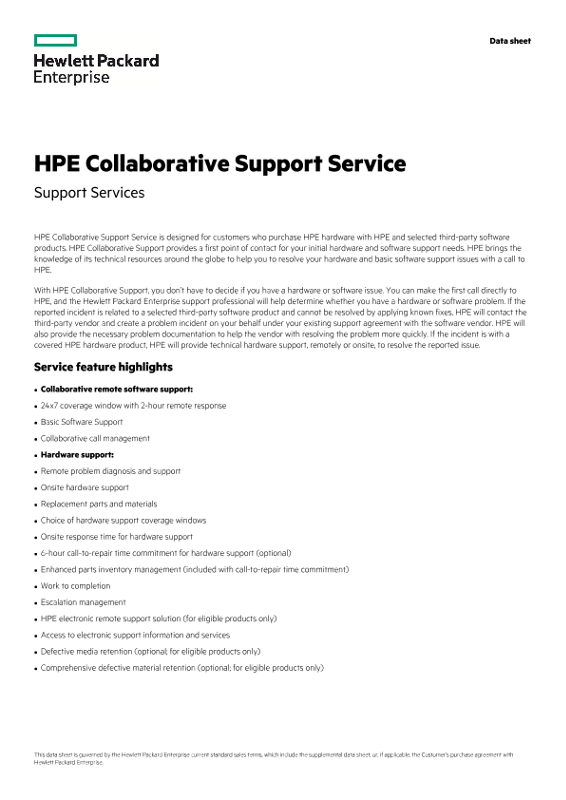 HPE Collaborative Support Service data sheet - US English (A4) thumbnail