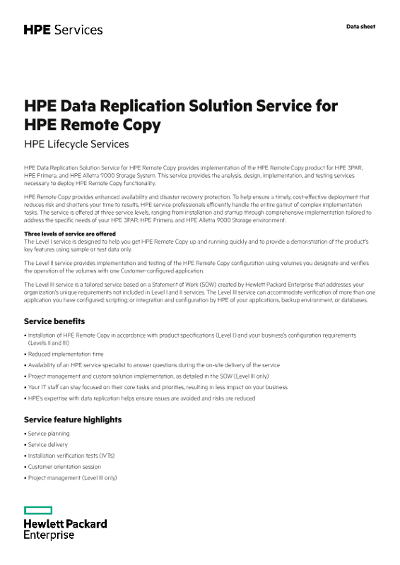 HPE Data Replication Solution Service for HPE Remote Copy thumbnail