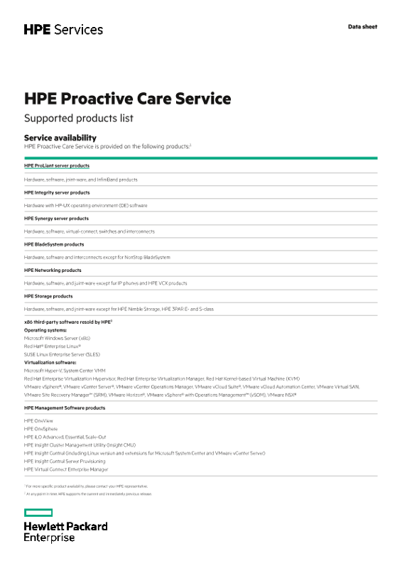 HPE Proactive Care Service data sheet thumbnail