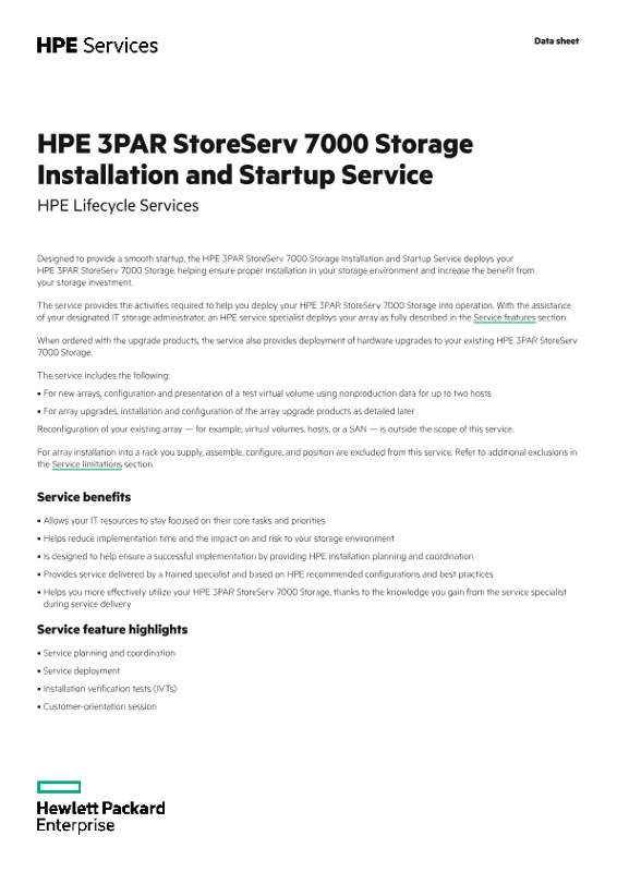 HPE 3PAR StoreServ 7000 Storage Installation and Startup Service data sheet - US English thumbnail