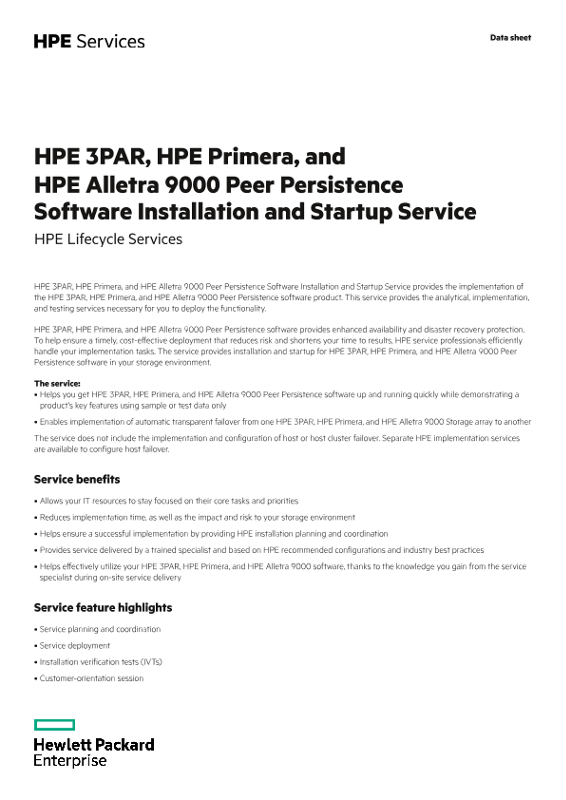 HPE 3PAR, HPE Primera, and HPE Alletra 9000 Peer Persistence Software Installation and Startup Service thumbnail