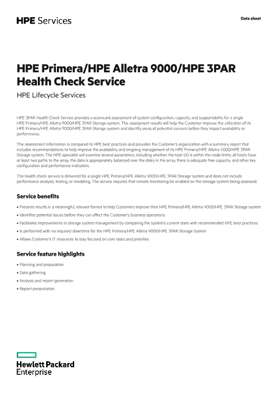 HPE Primera/HPE Alletra 9000/HPE 3PAR Health Check Service data sheet thumbnail