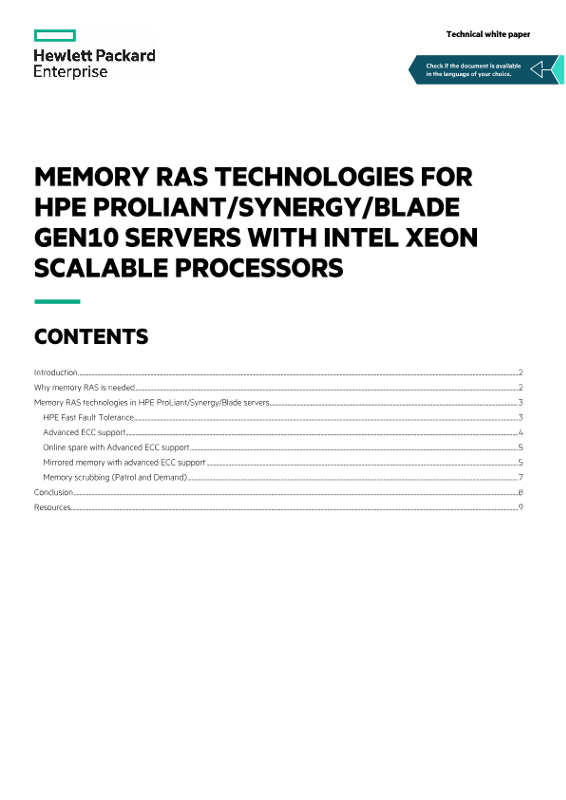 Memory RAS technologies for HPE ProLiant/Synergy/Blade Gen10 servers with Intel Xeon Scalable processors technical white paper thumbnail
