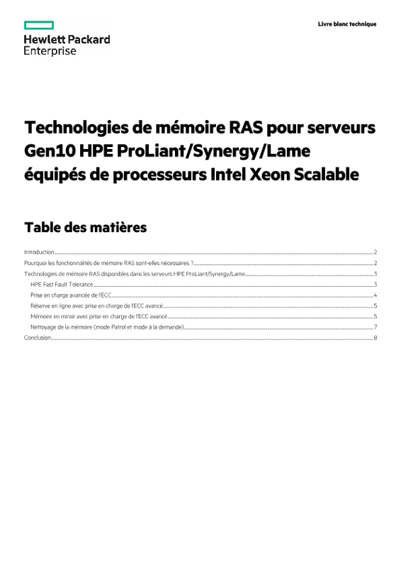 Livre blanc technique sur les technologies de mémoire RAS pour serveurs HPE ProLiant/Synergy/Lame Gen10 équipés de processeurs Intel Xeon Scalable thumbnail