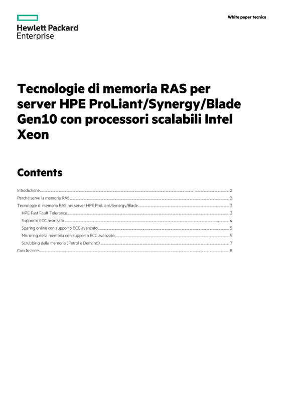 White paper tecnico tecnologie di memoria RAS per server HPE ProLiant/Synergy/Blade Gen10 con processori scalabili Intel Xeon thumbnail