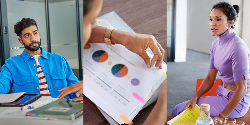Collage featuring two colleagues reviewing marketing documents