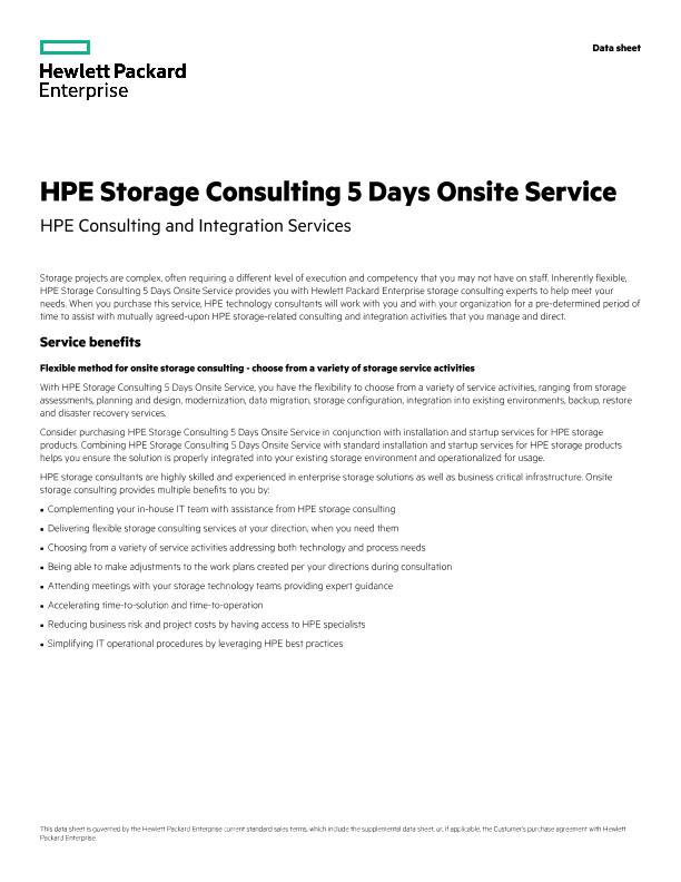 HPE Storage Consulting 5 Days Onsite Service data sheet (US English) thumbnail