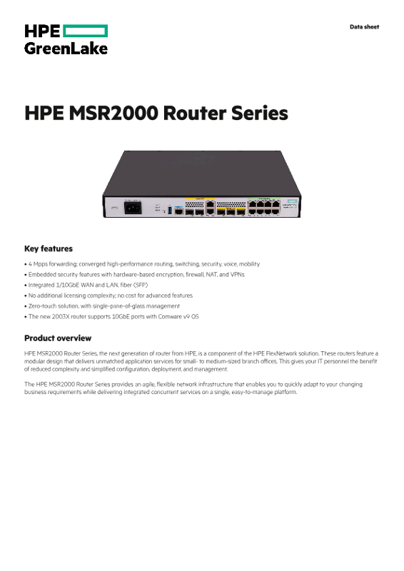 HPE FlexNetwork MSR2000 Router Series datasheet thumbnail