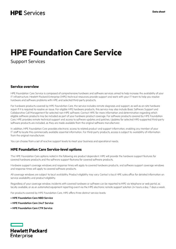 HPE Foundation Care Service – Support Services data sheet thumbnail