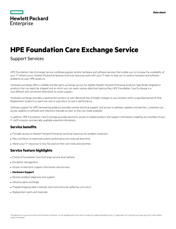 HPE Foundation Care Exchange Service data sheet - US English thumbnail