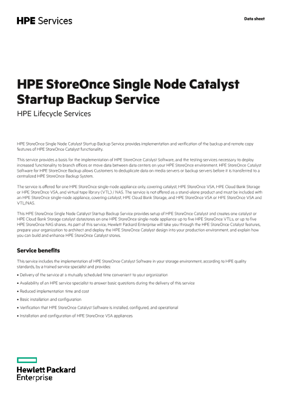 HPE StoreOnce single node Catalyst Startup Backup Service data sheet thumbnail