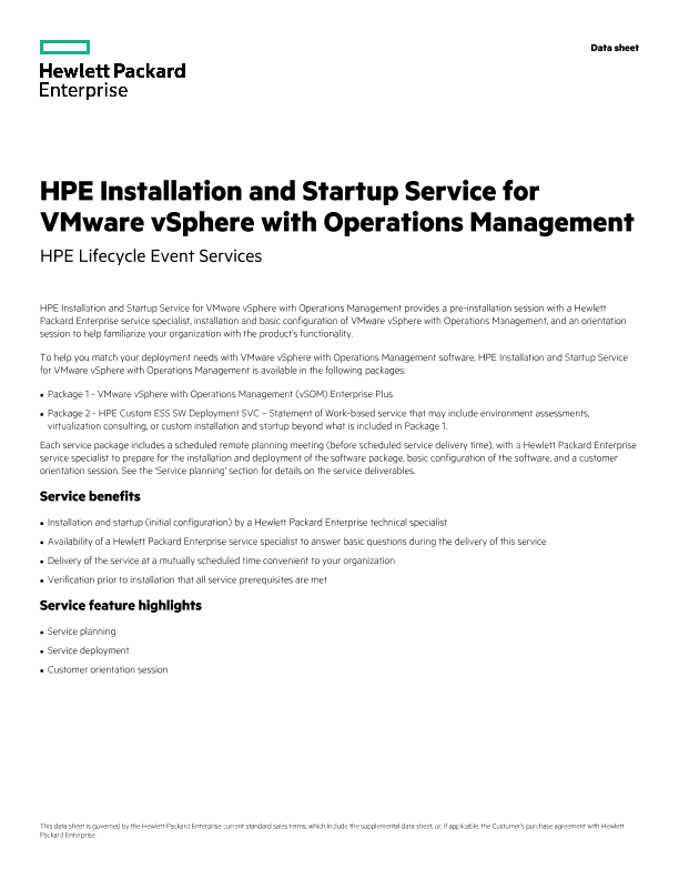 HPE Installation and Startup Service for VMware vSphere with Operations Management thumbnail