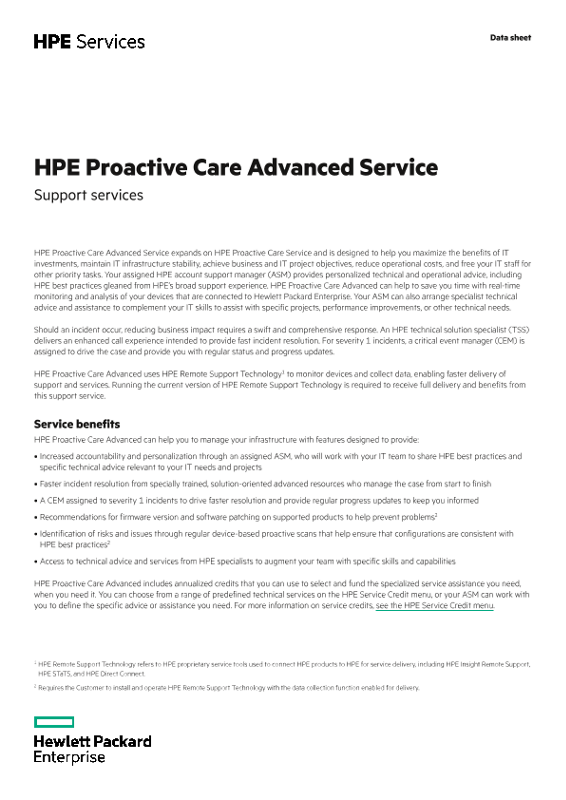 HPE Proactive Care Advanced Service data sheet thumbnail