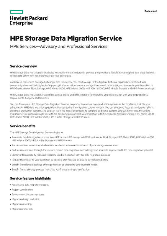 HPE Storage Data Migration Service data sheet thumbnail