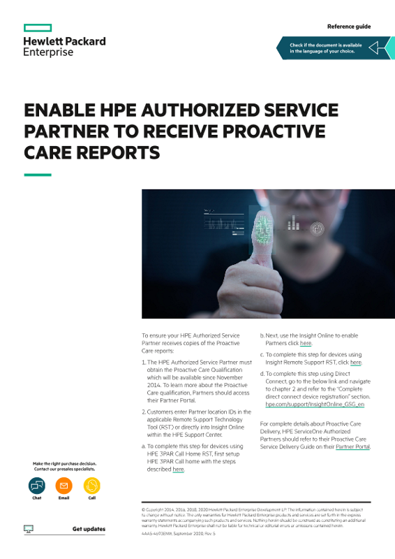 Enable HPE Authorized Service Partner to receive Proactive Care Reports reference guide thumbnail