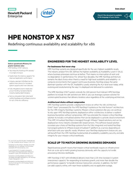 HPE NonStop X NS7 – Redefining continuous availability and scalability for x86 data sheet thumbnail