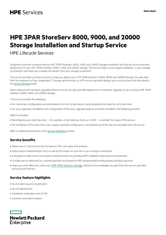 HPE 3PAR StoreServ 8000, 9000, and 20000 Storage Installation and Startup Service data sheet thumbnail
