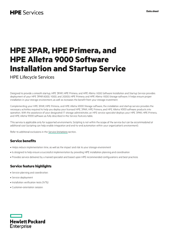 HPE 3PAR, HPE Primera, and HPE Alletra 9000 Software Installation and Startup Service data sheet thumbnail
