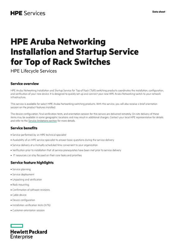 HPE Installation and Startup Service for Top of Rack Switches datasheet - US English thumbnail
