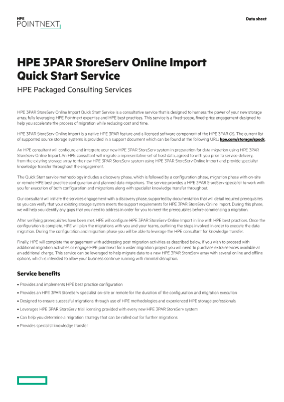HPE 3PAR StoreServ Online Import Quick Start Service data sheet thumbnail