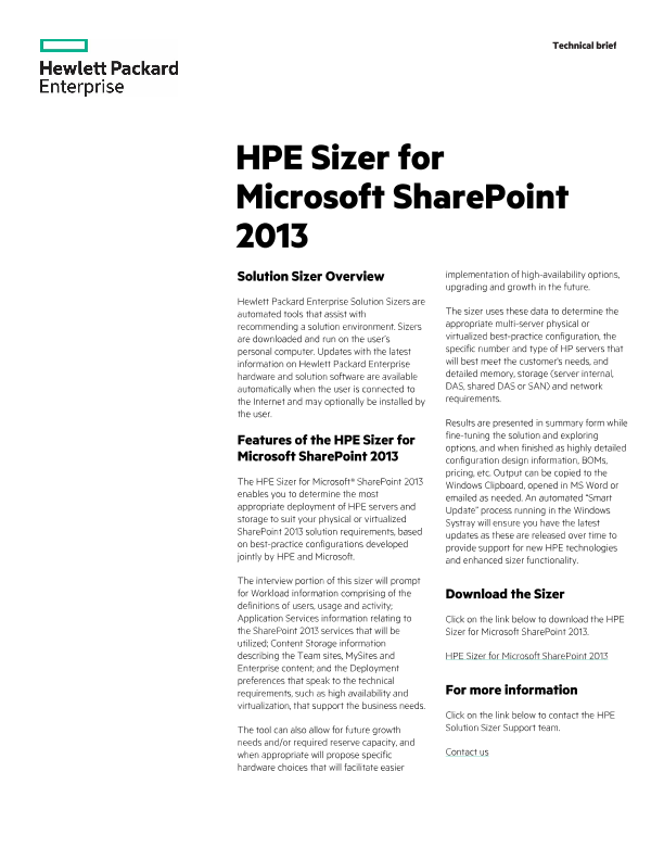 HPE Sizer for Microsoft SharePoint 2013 thumbnail