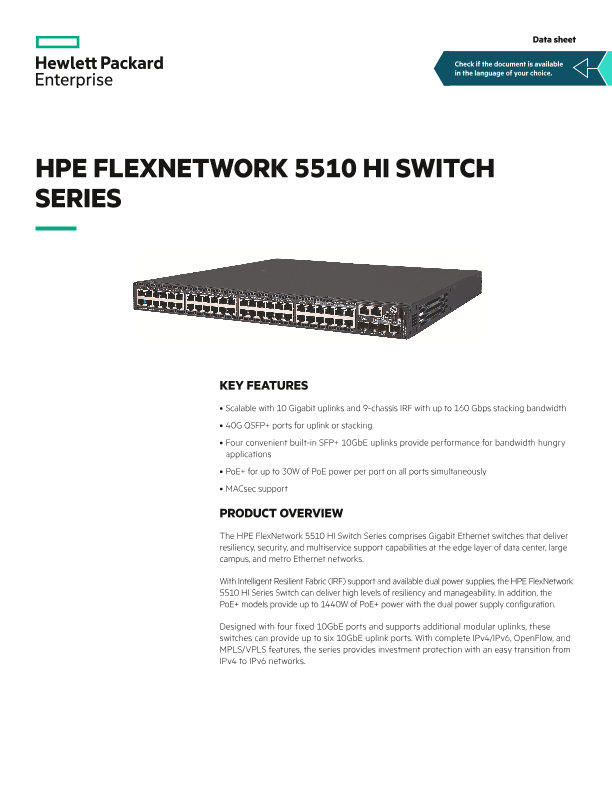 HPE FlexNetwork 5510 HI Switch Series Data Sheet