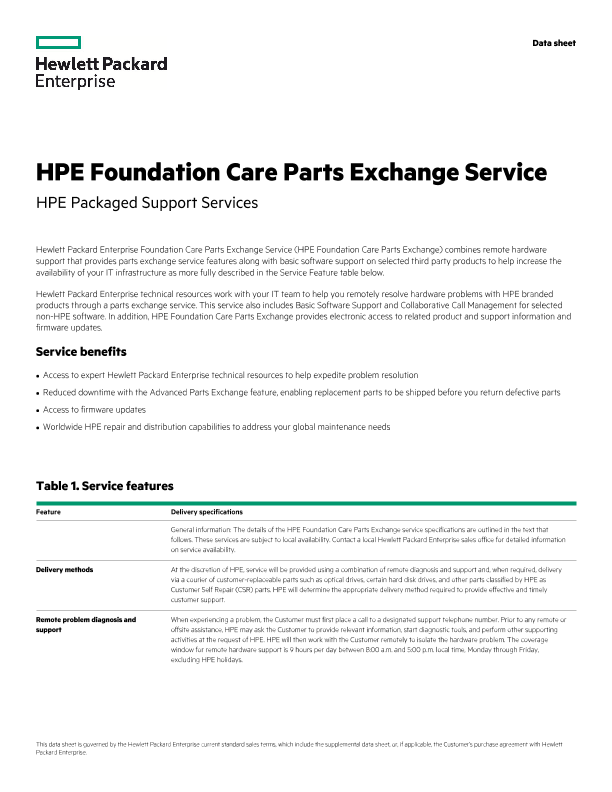 HPE Foundation Care Parts Exchange Service data sheet, US English thumbnail