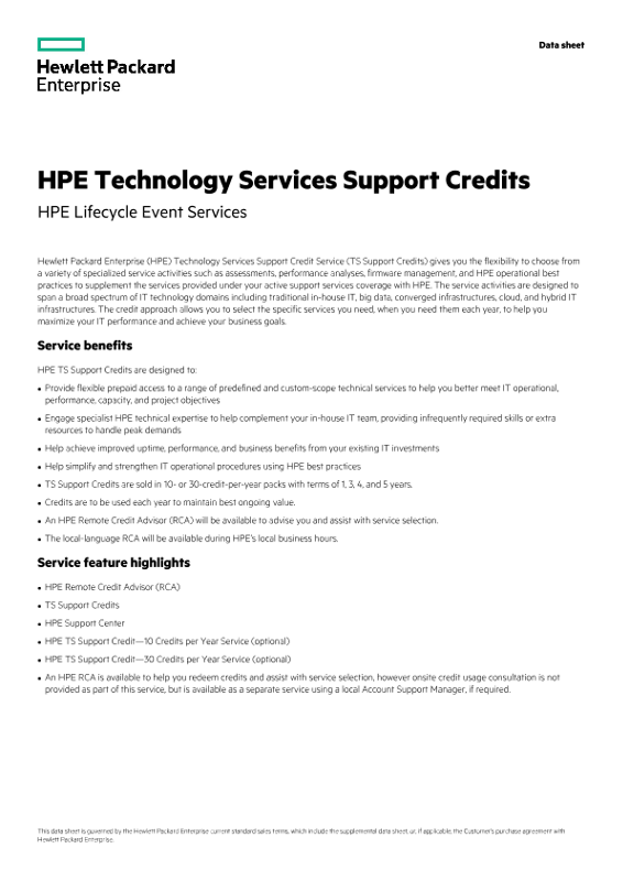 HPE Technology Services Support Credits data sheet, US English (A4) thumbnail