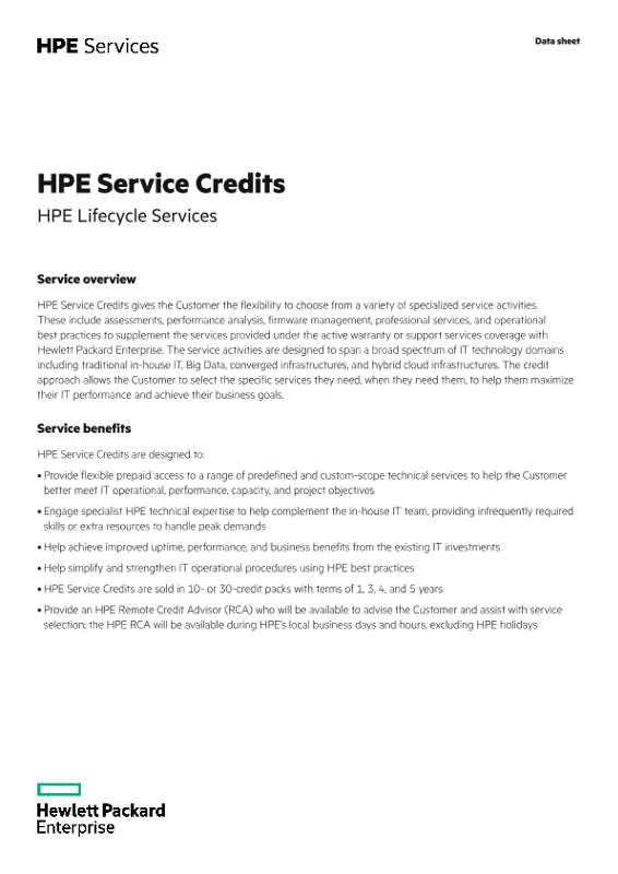 HPE Service Credits for Nonstop data sheet thumbnail