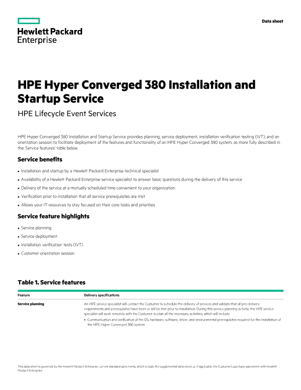 HPE Hyper Converged 380 Installation and Startup Service data sheet, US ...