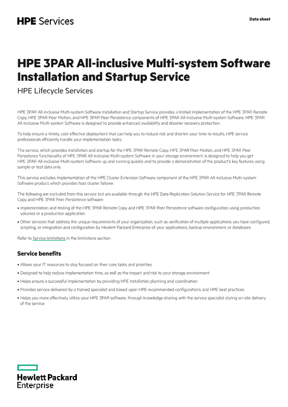 HPE 3PAR All-inclusive Multi-system Software Installation and Startup Service—HPE Lifecycle Event Services data sheet thumbnail