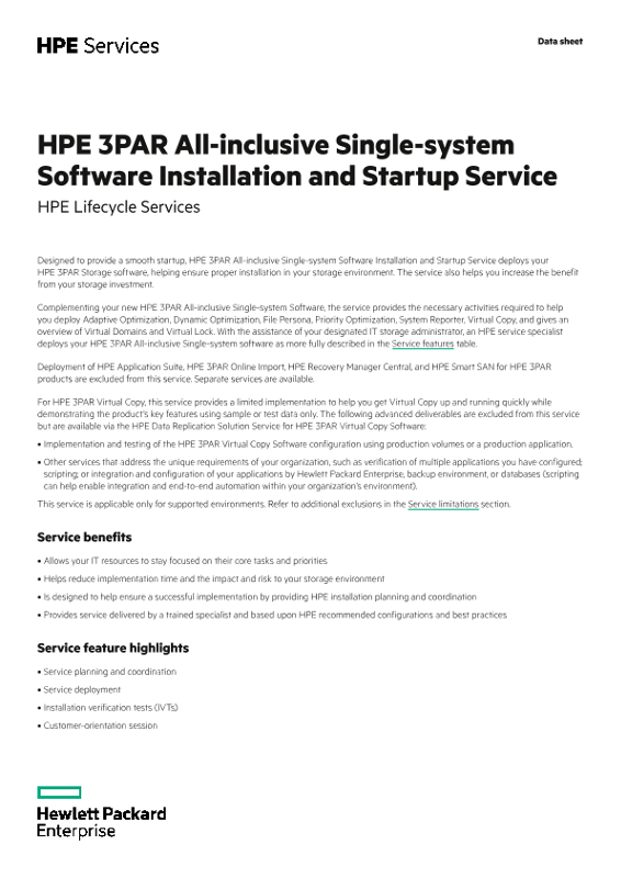 HPE 3PAR All-inclusive Single-system Software Installation and Startup Service: HPE Lifecycle Event Services data sheet thumbnail