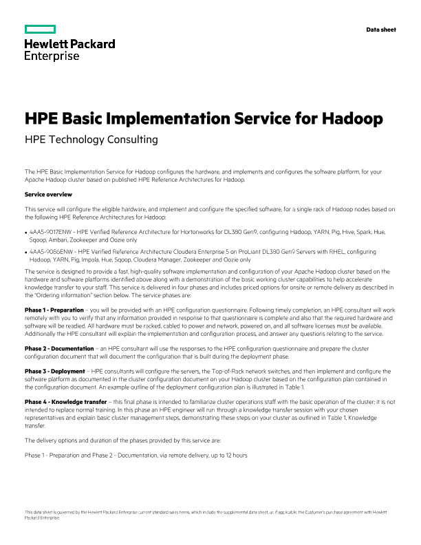 HPE Basic Implementation SVC for Hadoop - Datasheet thumbnail