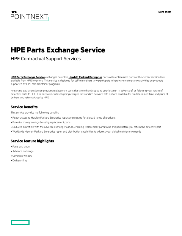 HPE Parts Exchange Service data sheet thumbnail