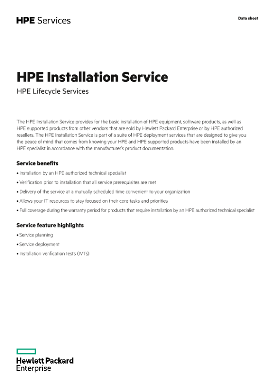 HPE Installation Service HPE Integration and Performance Services