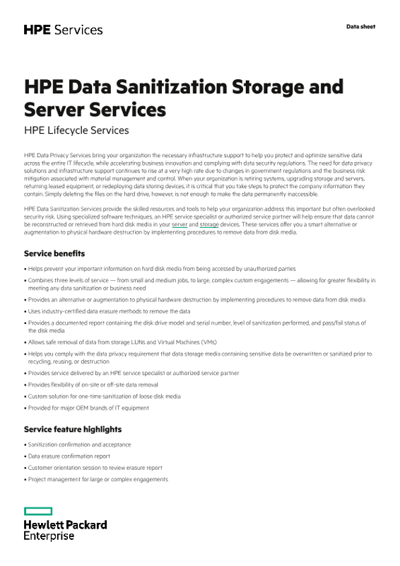 HPE Data Sanitization Storage and Server Services data sheet thumbnail