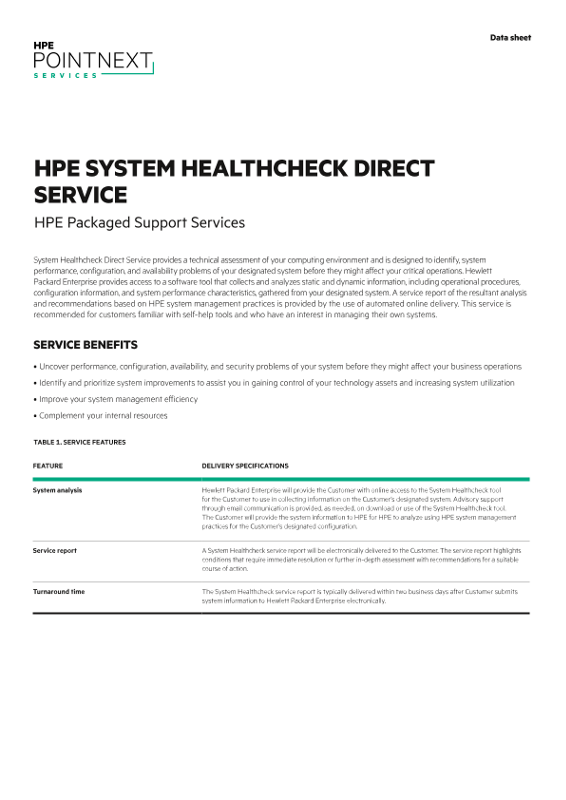 HPE System Healthcheck Direct Service: HPE Packaged Support Services data sheet thumbnail