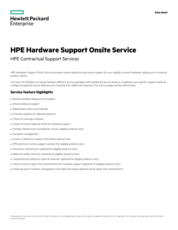 HPE Hardware Support Onsite Service - Contractual Services data sheet - US English thumbnail
