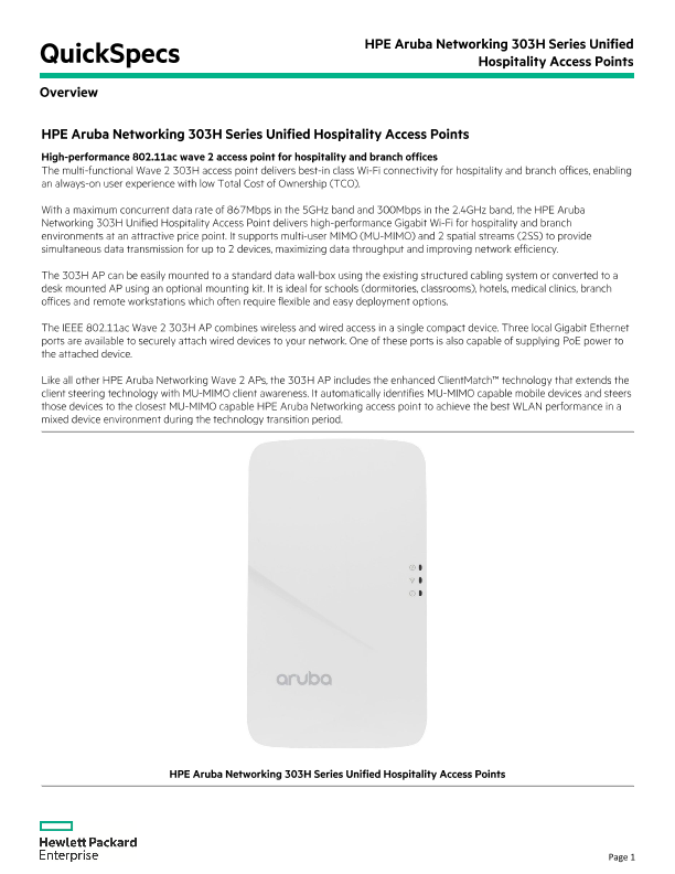 Aruba 303H Series Unified Hospitality Access Points thumbnail