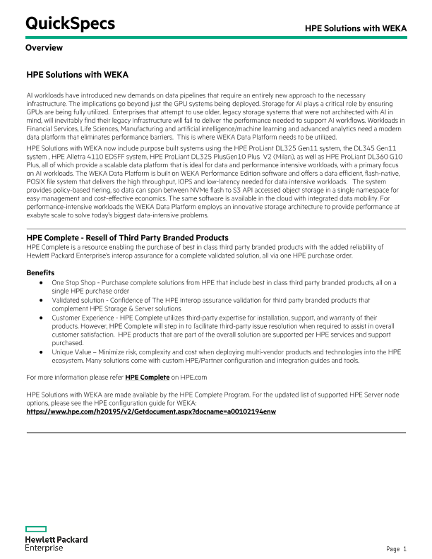 HPE Solutions with WEKA QuickSpecs thumbnail